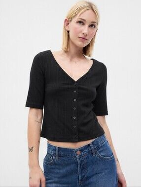 GAP Blk Ribbed Button-Front V-Neck Top Contemporary Minimalist Closet Staple XL